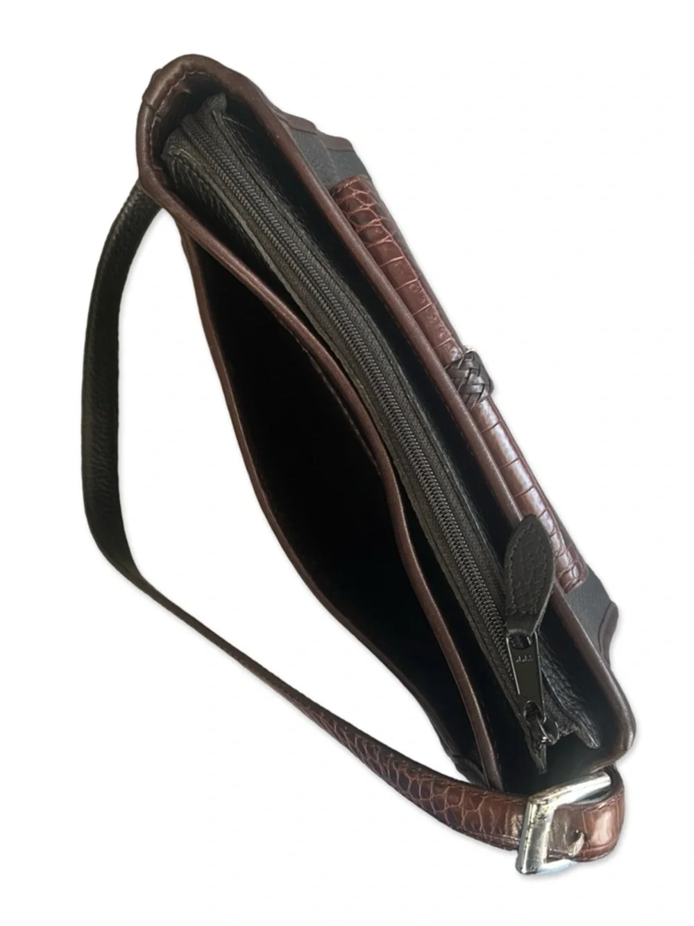 Brighton Collection Buckle Shoulder Bag Black and Tan with Croc Embossed Accents - Picture 8 of 15
